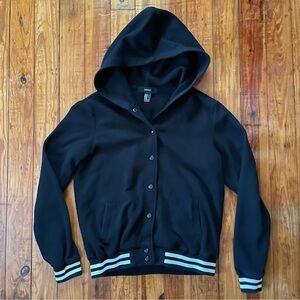 Womens Black Hooded Button Up Varsity Jacket